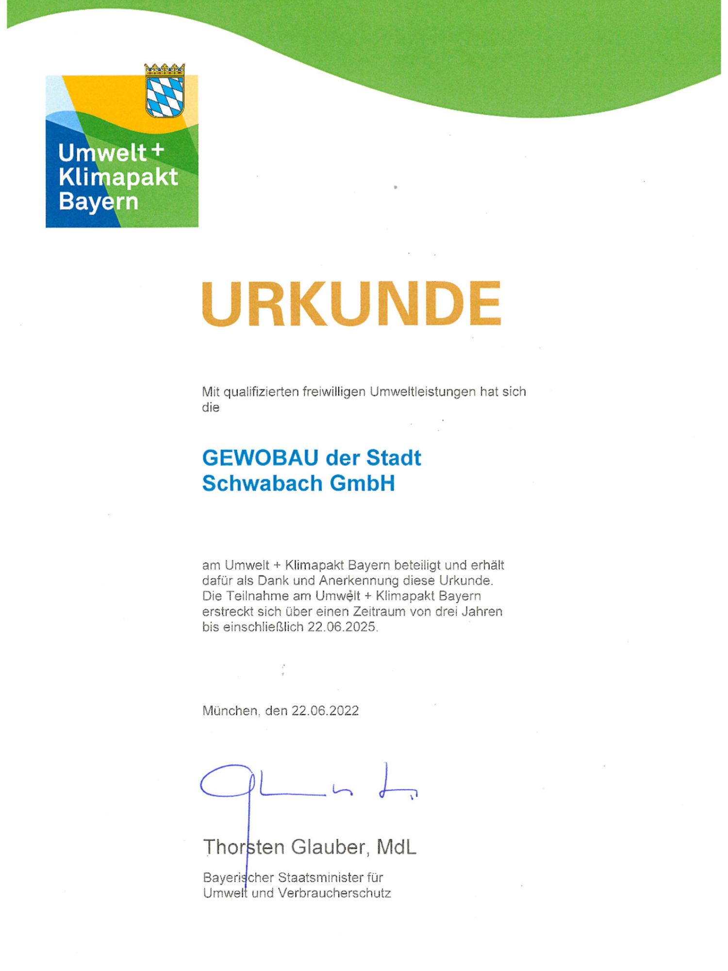 Urkunde Umwelt + Klimapakt Bayern