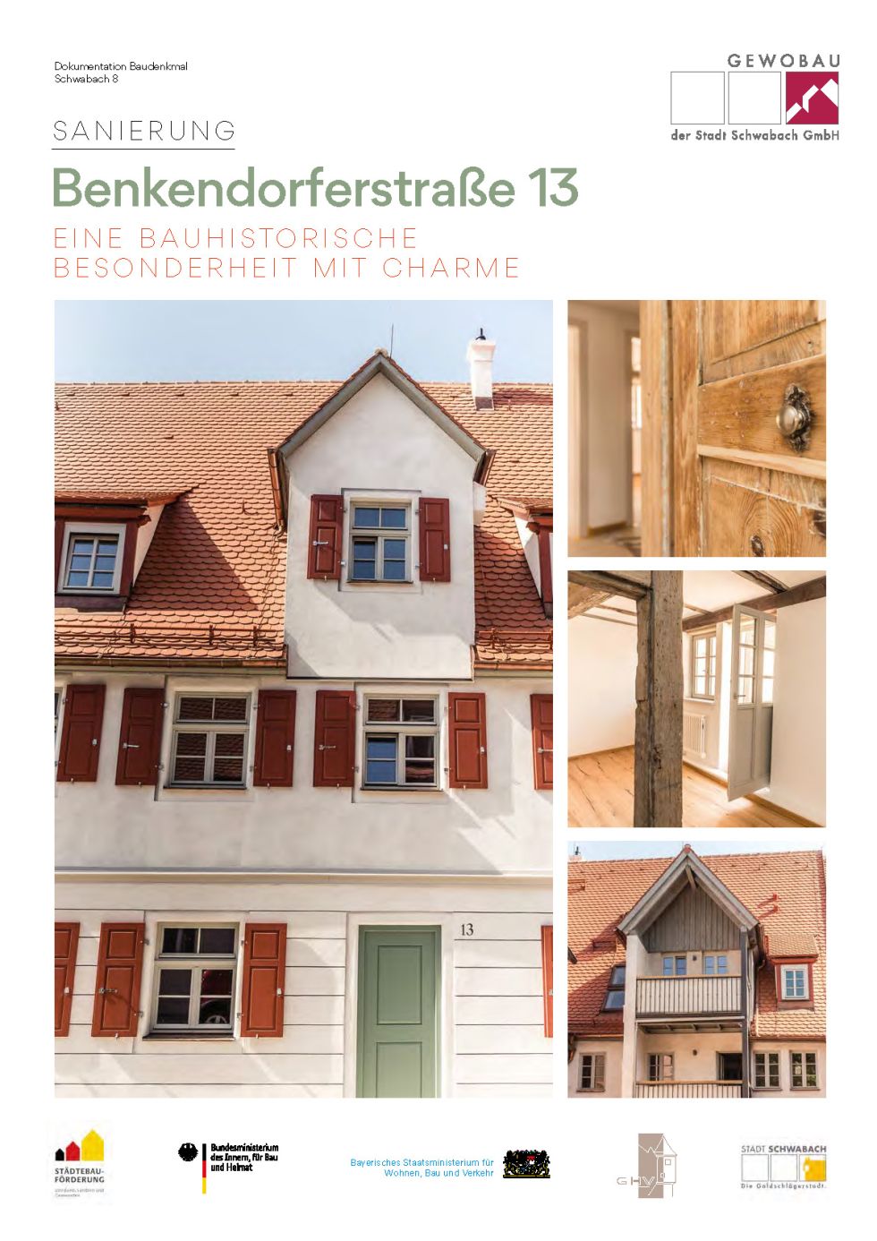 Titelbild der Broschüre mit einem großen Bild der Fassade mit roten Fensterläden und drei kleinen Bilder der Innenräume und eines mit einem Holzanbau der Balkone