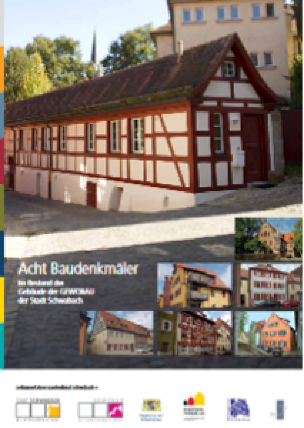 Titelbild Baudenkmäler mit länglichem Fachwerkhaus und mehreren kleinen Bildchen von alten Bauwerken in Schwabach