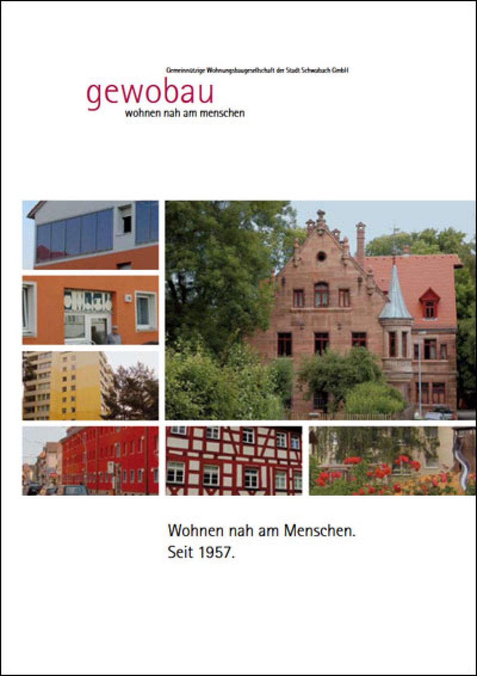 Titelbild gewobau - wohnen nah am Menschen - mit Bildern verschiedener Gebäude aus Schwabach